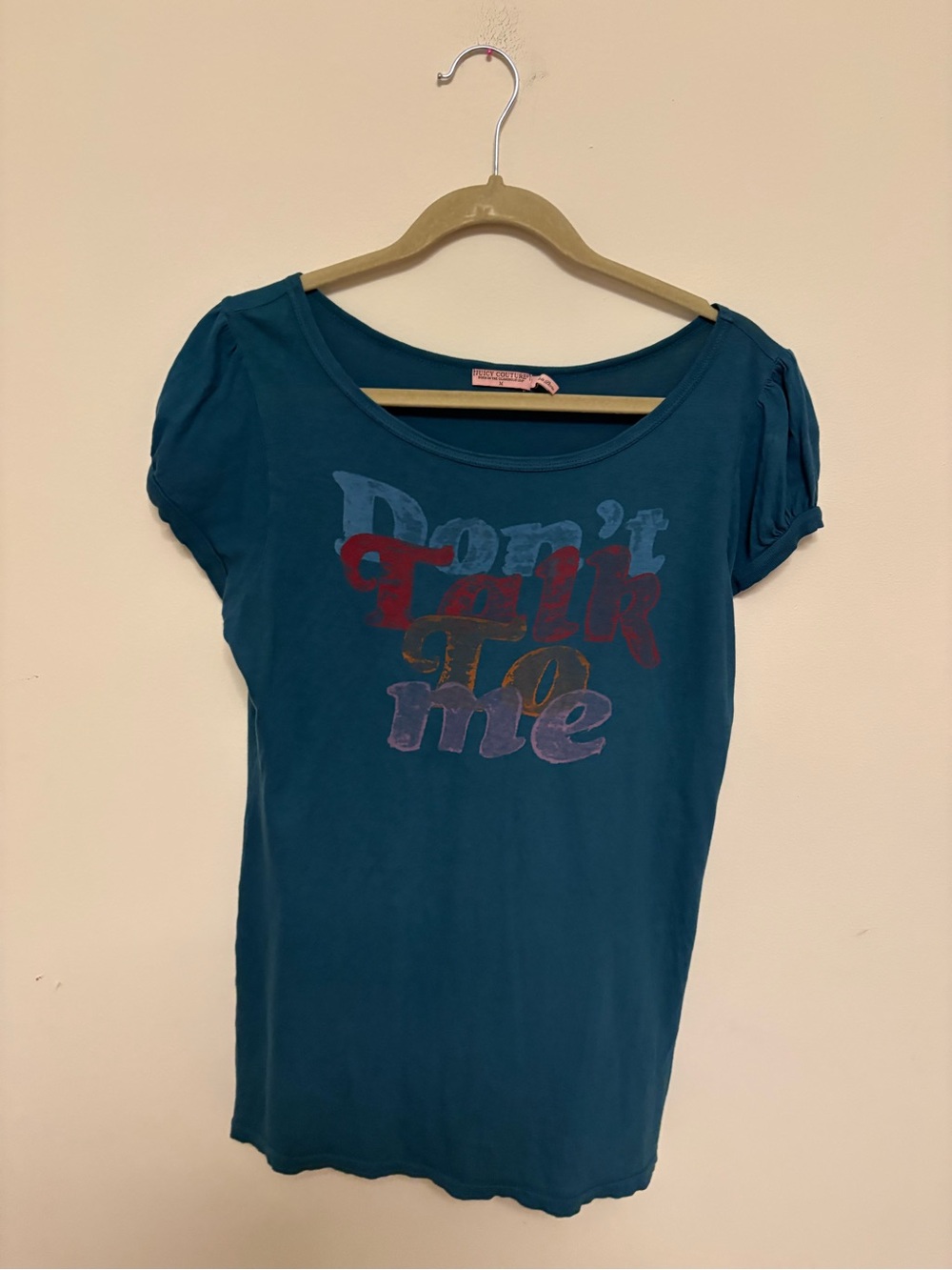 Juicy Couture Vintage Teal Graphic T-Shirt Don't Talk To Me Puff Sleeve Size M